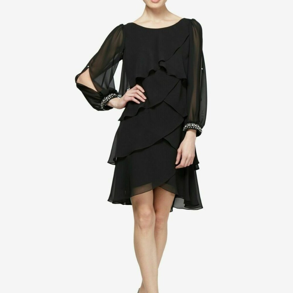 Beaded Tiered Crew-Neck Long-Sleeve A-Line Dress